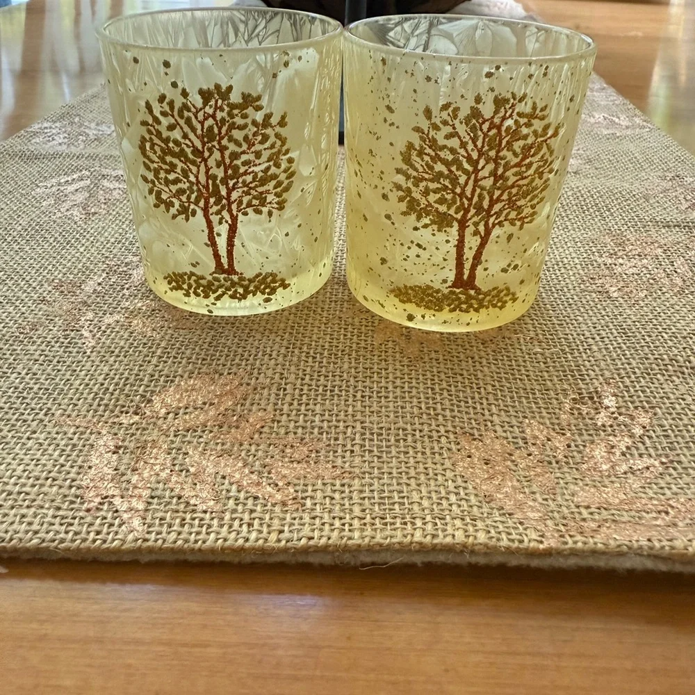 Pier 1 Votive Candle Holders Gold with Glitter Trees Set of 2 Fall Frosted Amber
